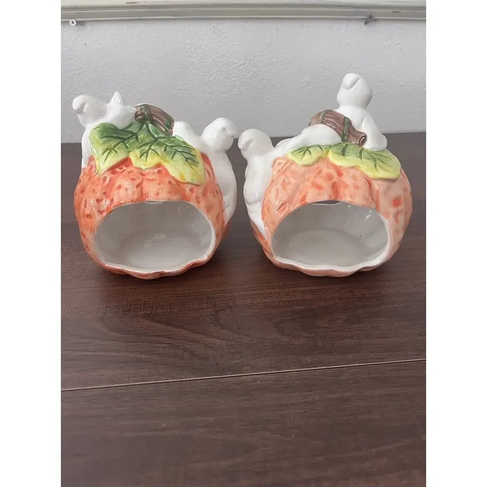 Vintage Ceramic Pumpkin Ghost Tea Light Candle Holder Halloween Set Of 2
